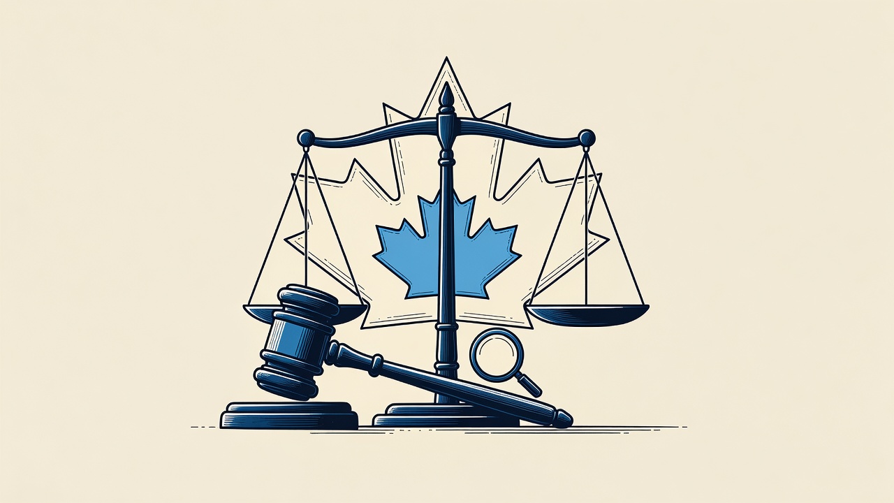 Illustration: a gavel and scales before a maple-leaf motif