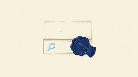 Illustration: an official sealed report beside a shield motif