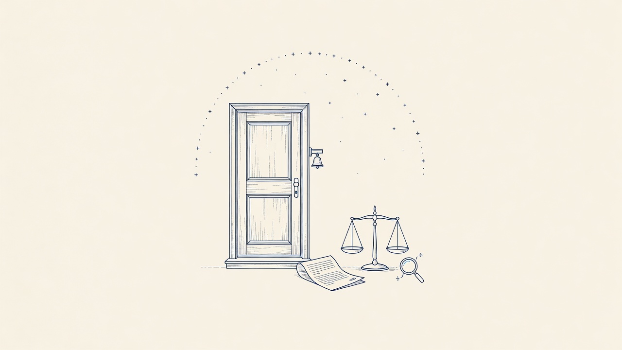 Illustration: a front door and doorstep beside a municipal ordinance and scales of justice