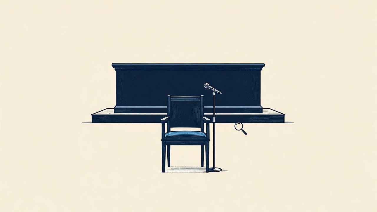 Illustration: an empty witness chair and microphone before an inquiry bench