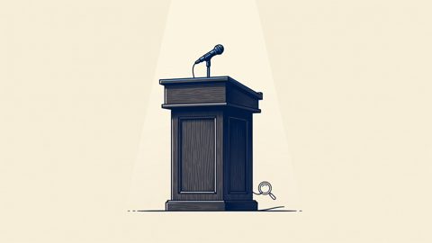 Illustration: an empty lectern and microphone under a spotlight