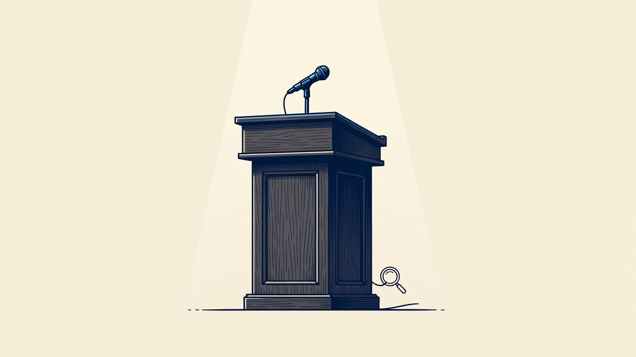 Illustration: an empty lectern and microphone under a spotlight
