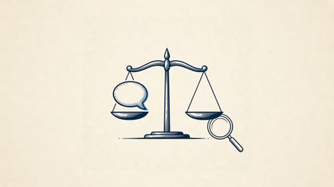 Illustration: scales of justice merged with a speech bubble