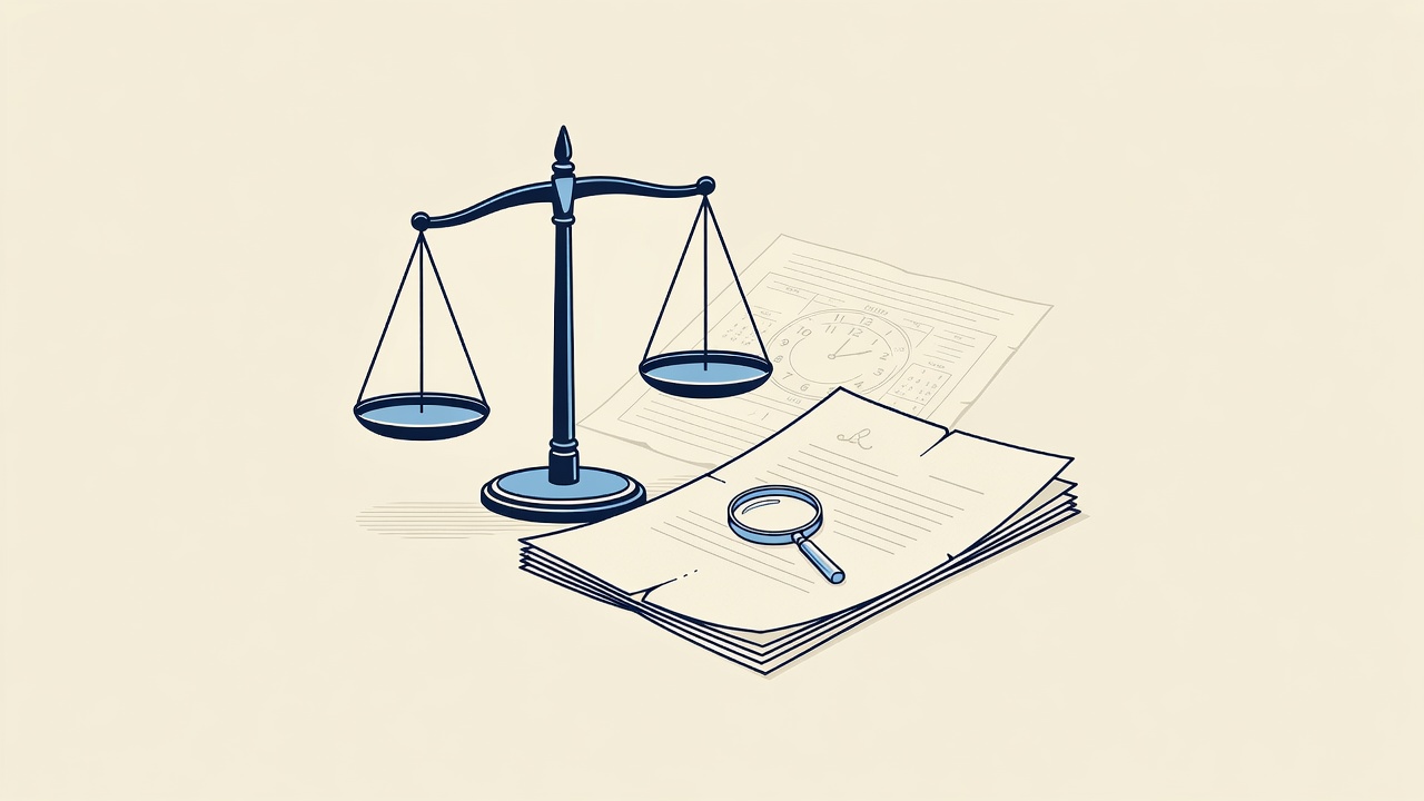 Illustration: scales of justice, a document, and a faint old calendar