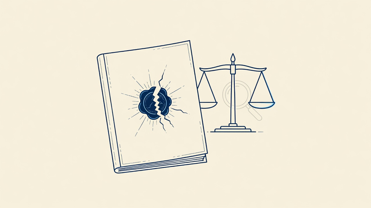 Illustration: a document folder with a broken seal beside scales of justice