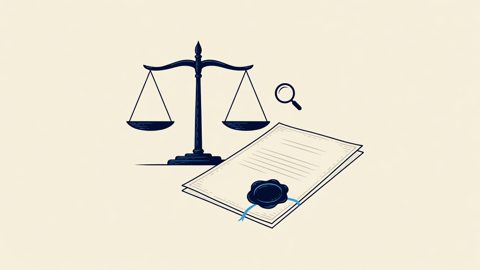 Illustration: scales of justice and a sealed court document