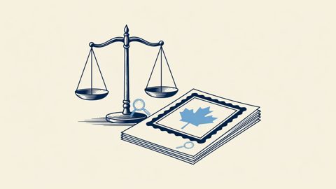 Illustration: scales of justice beside a stamped filing with a maple-leaf motif