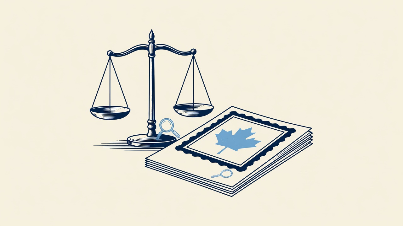 Illustration: scales of justice beside a stamped filing with a maple-leaf motif