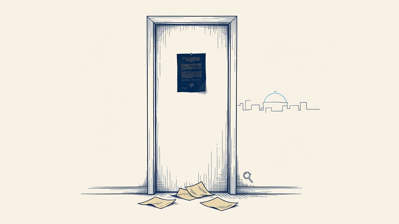 Illustration: a doorway with an official notice and scattered papers