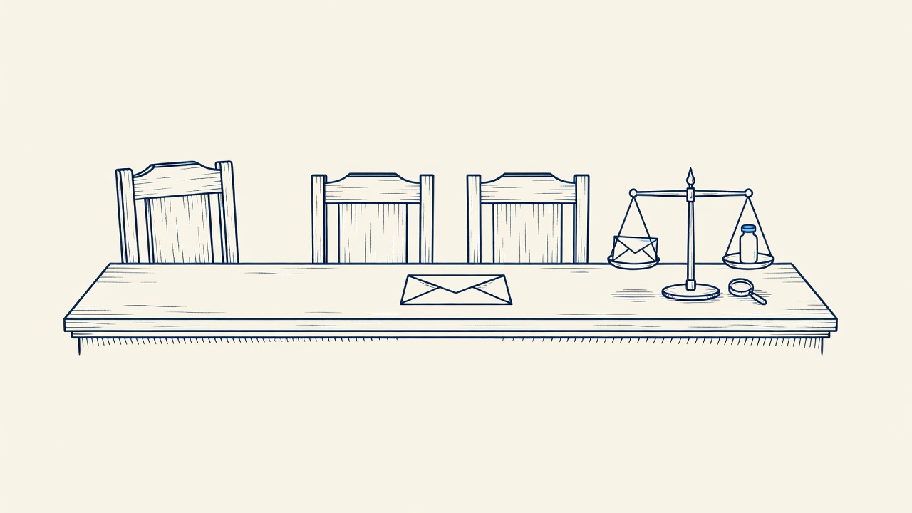 Illustration: an empty chair facing two others at a judicial bench rail, beside apothecary scales weighing a consent form against a medical vial