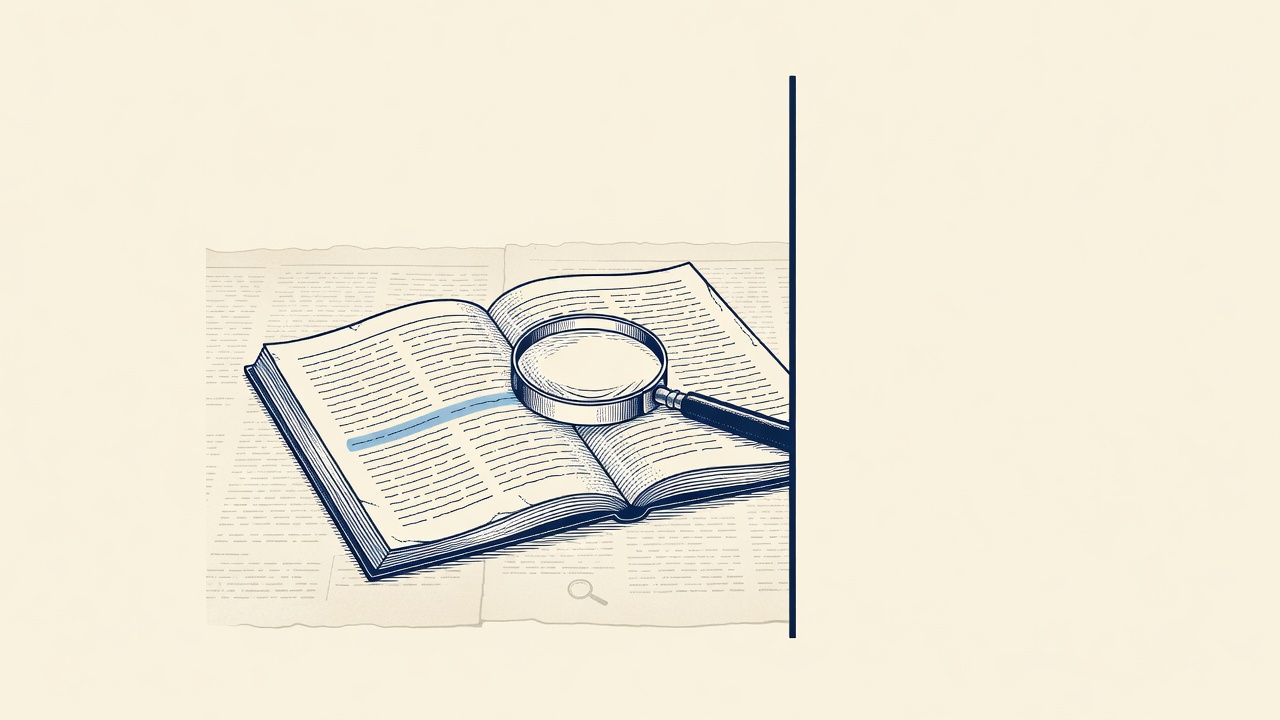 Illustration: an open magazine with a highlighted line and a dividing wall