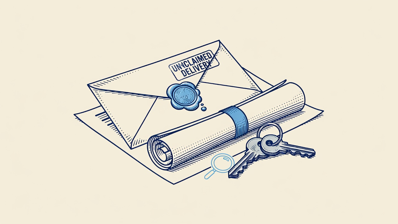 Illustration: a sealed, undelivered envelope resting on a rolled property deed beside a ring of keys
