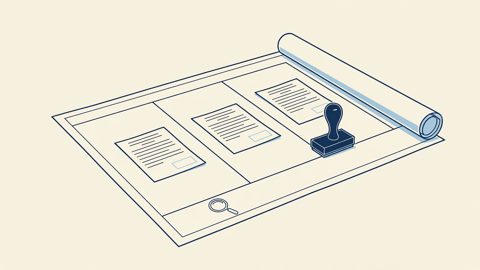 Illustration: three empty surveyed plots of land on a planning drawing, each covered by a blank unstamped permit form, with an unused rubber stamp beside them
