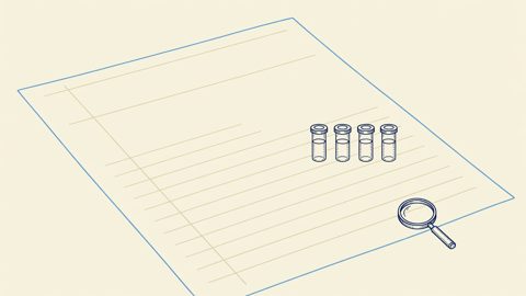 Illustration: a printed doctrinal page beside four empty laboratory vials in a row