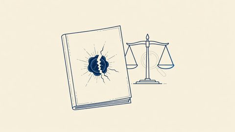 Illustration: a document folder with a broken seal beside scales of justice