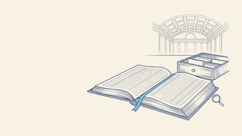 Illustration: an open public register with empty ruled columns beside a card-index drawer