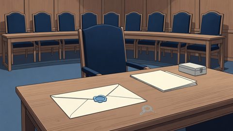 Illustration: a sealed envelope and a closed lockbox on a table facing an empty official's chair, before a bench of nine empty judges' chairs
