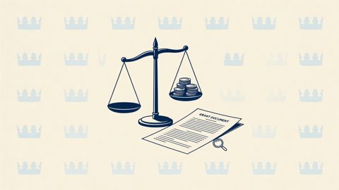 Illustration: scales of justice beside a grant document and coins