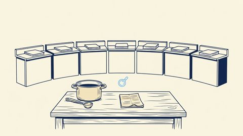 Illustration: seven judicial bench rails each holding a closed case file, with an empty cooking pot and a folded notice on a table in the foreground