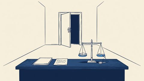 Illustration: an open prison door on an empty corridor behind a bench rail holding a closed case file, a folded notice and balanced scales