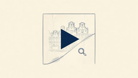 Illustration: a streaming play button before faint Dutch gabled rooftops