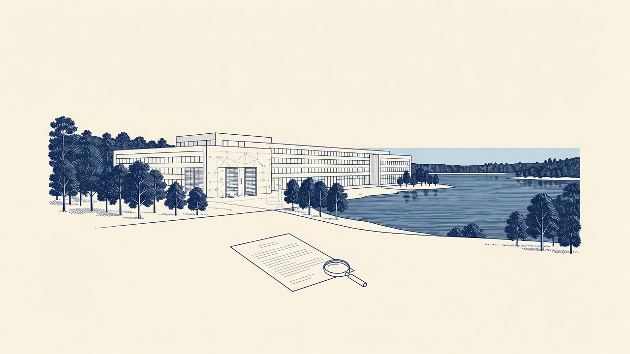 Illustration: a data-center building beside a lake with a property deed